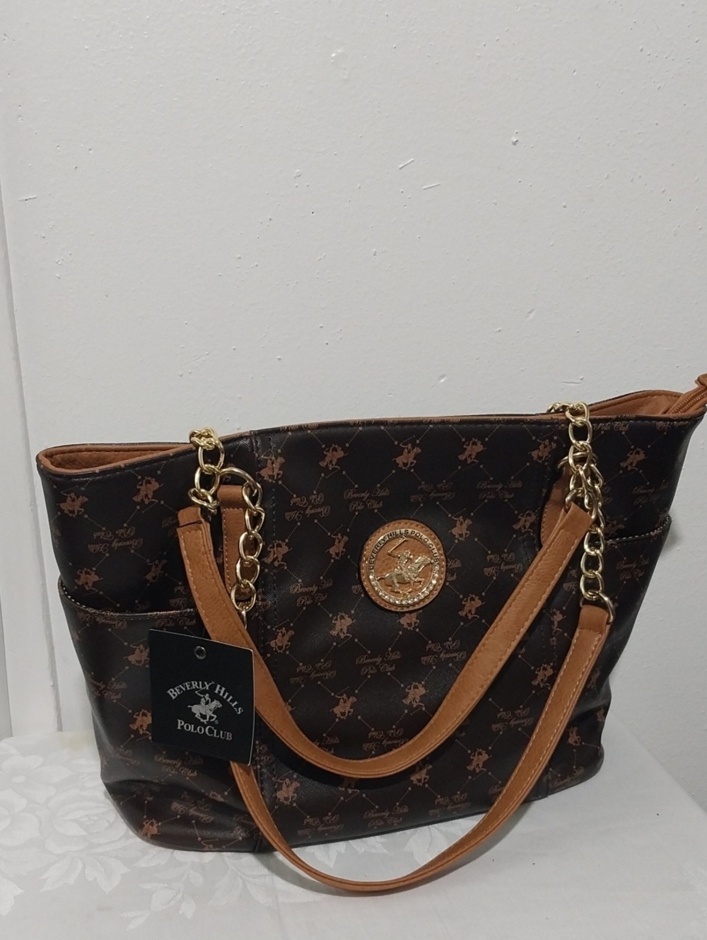 Beverly Hills Polo Club Dark Brown Monogram Tote with Tan Accents